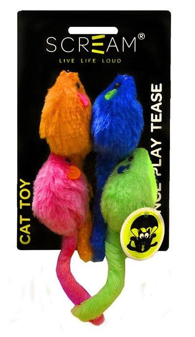 Cat Toy Scream Mice Multi Coloured 4pk