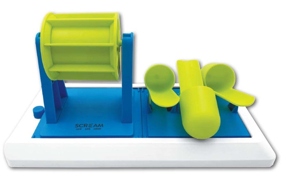 Interactive Dog Fun Treat Barrel Scream 31.5cm X 15.5cm Loud Green & Blue