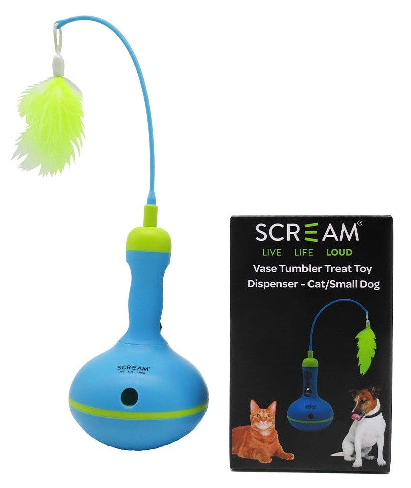 Cat Toy Scream Vase Tumbler Treat Dispenser 28cm Green & Blue