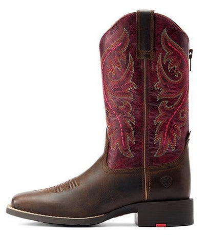 Western Boots Ariat Round Up Back Zip Worn Mocha & Rasberry Ladies-Ascot Saddlery-Ascot Saddlery