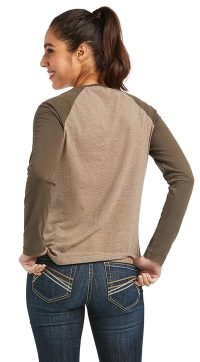 Ariat Tee Shirt Real Loop Baseball Long Sleeve W22 Heather Banyan Bark & Banyan Bark-CLOTHING: Clothing Ladies-Ascot Saddlery