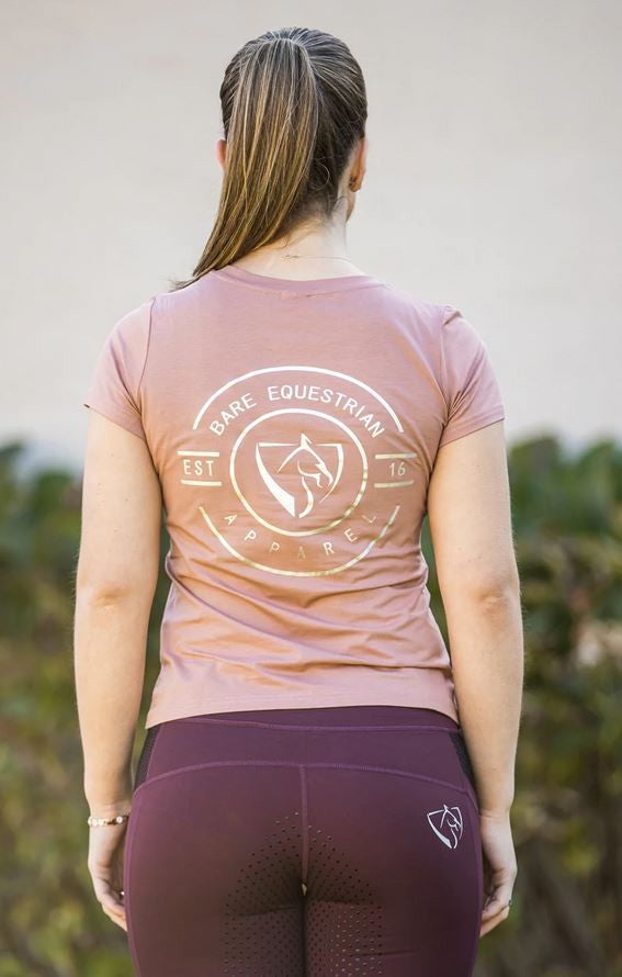 Bare Equestrian Tee Shirt Emblem Taupe-CLOTHING: Clothing Ladies-Ascot Saddlery
