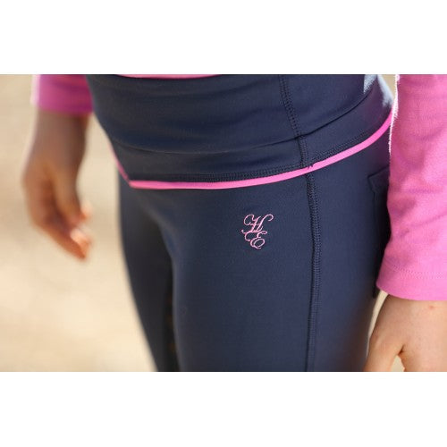 Huntington Girls Pull On Full Seat Gel Breeches Navy & Pink Childs-CLOTHING: Jodhpurs & Breeches Childs-Ascot Saddlery