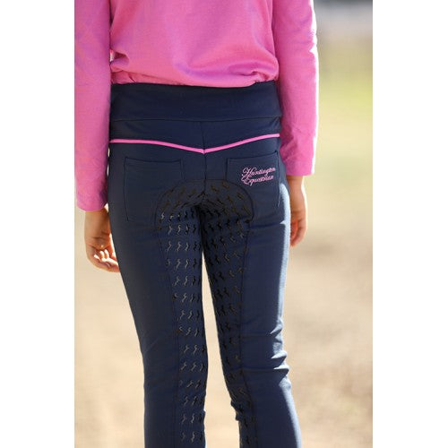 Huntington Girls Pull On Full Seat Gel Breeches Navy & Pink Childs-CLOTHING: Jodhpurs & Breeches Childs-Ascot Saddlery