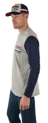 Wrangler Tee Shirt Brando Long Sleeve Grey Marle Navy Mens-CLOTHING: Clothing Mens-Ascot Saddlery