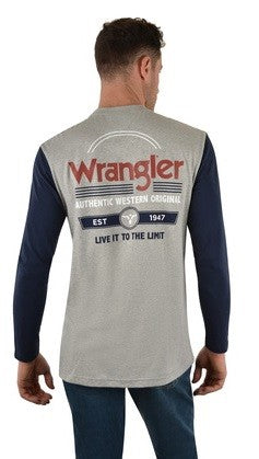 Wrangler Tee Shirt Brando Long Sleeve Grey Marle Navy Mens-CLOTHING: Clothing Mens-Ascot Saddlery