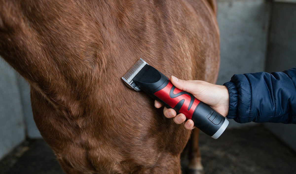 Cordless body clipper working up a chestnut horse's neck against the lie of the coat