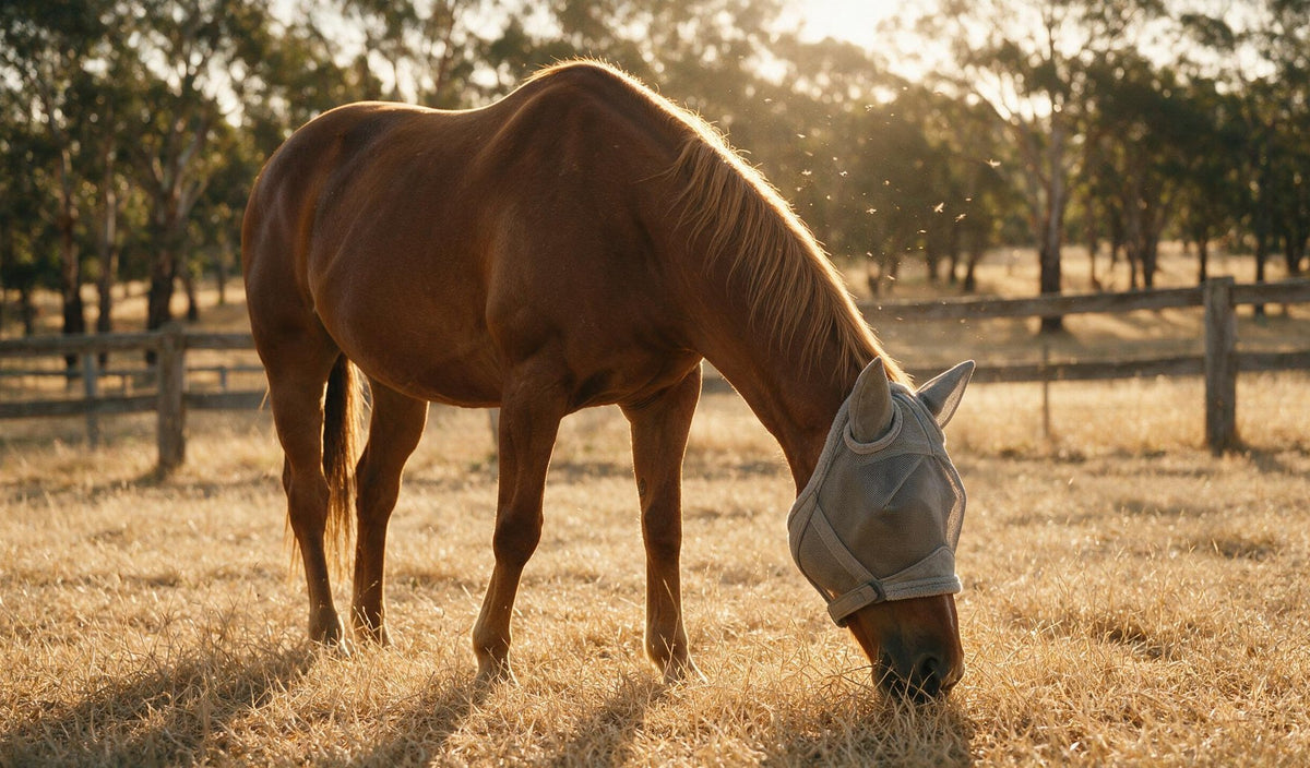 Horse wearing a mesh paddock fly mask