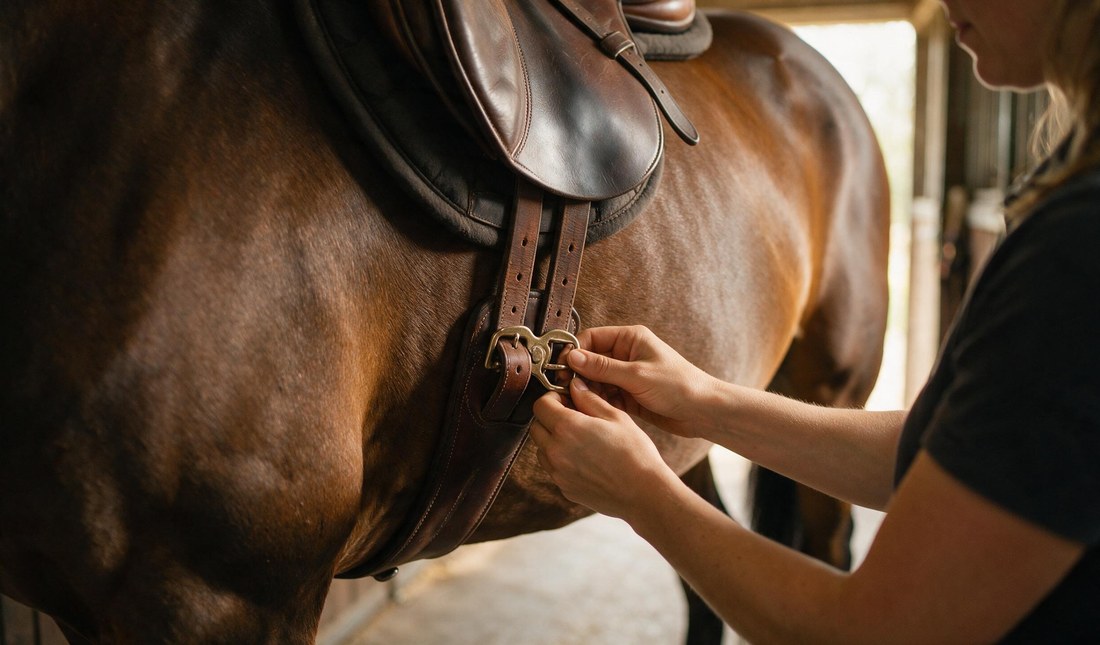 Girth being fitted on a horse behind the elbow