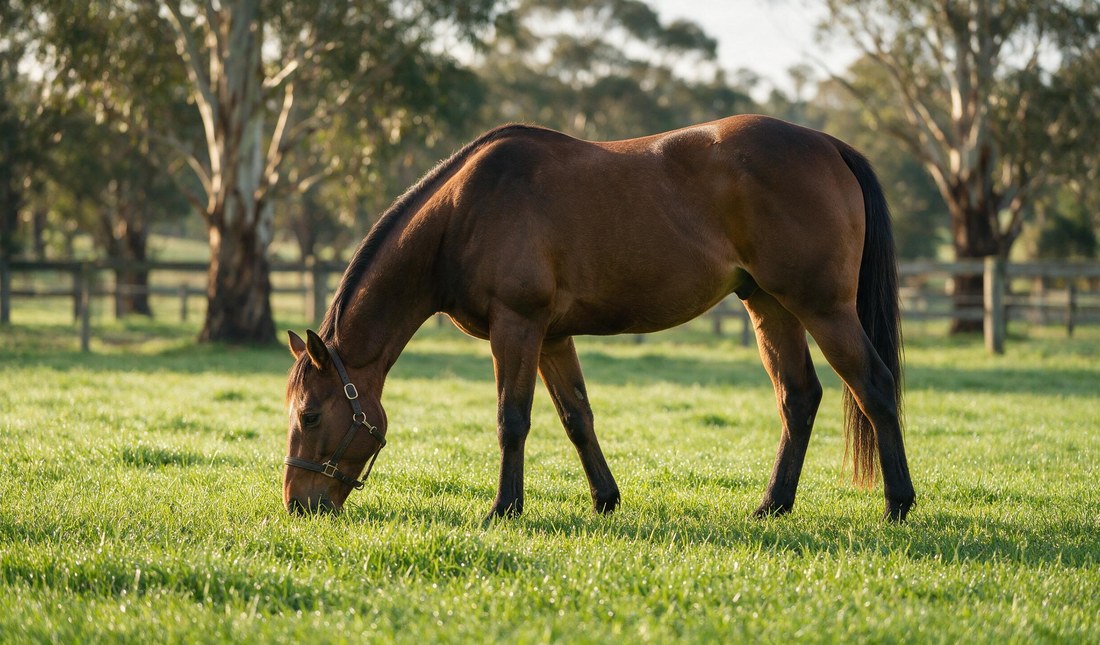 Horse grazing on spring pasture
