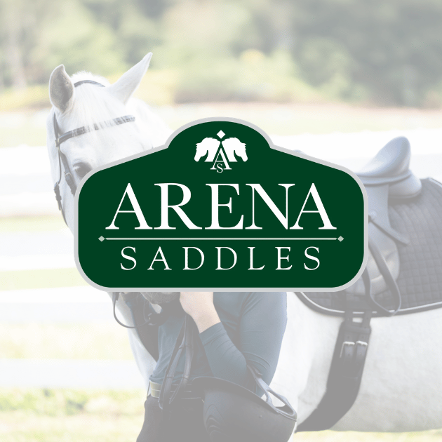 Arena Saddles brand logo over a rider tacking up a grey horse
