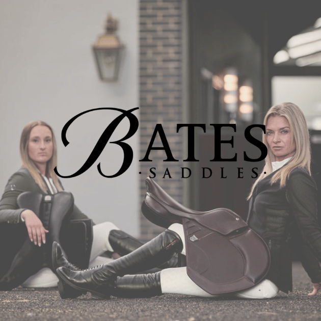 Bates Saddles brand logo over two riders with a Bates saddle