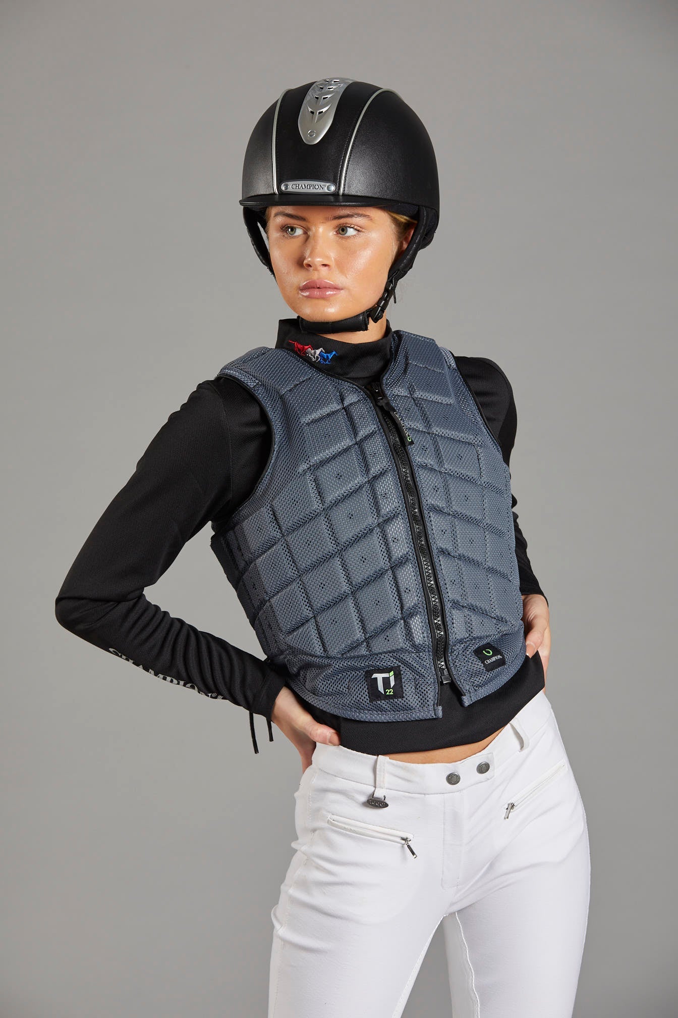 Rider wearing both helmet and body protectors