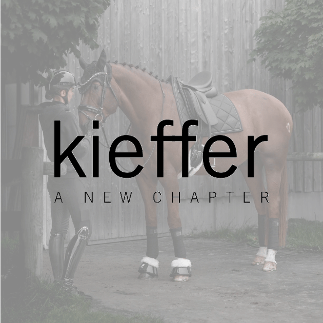 Kieffer brand logo over a rider beside a plaited chestnut horse in a dressage saddle
