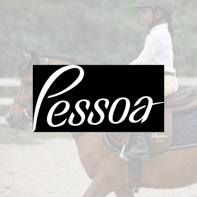 Pessoa brand logo over a young rider on a bay pony in an arena