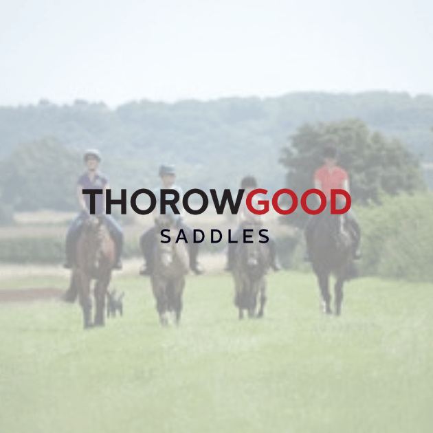 Thorowgood Saddles brand logo over four riders hacking across a green field