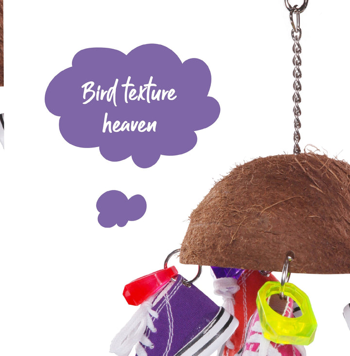 Bird Toy Split Coconut Shell With Sneakers Medium