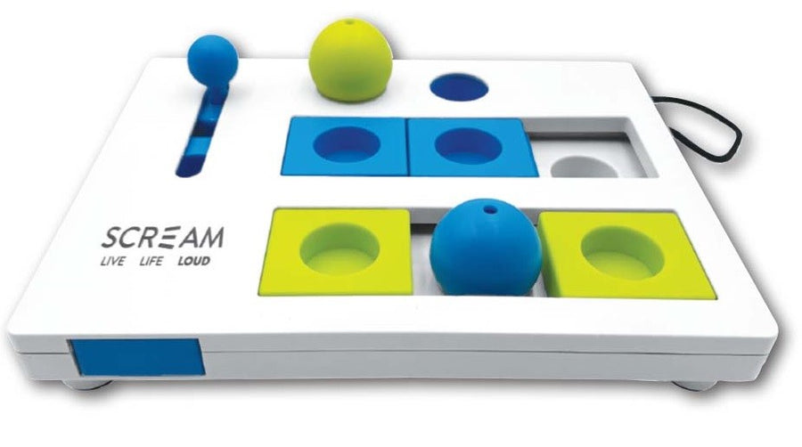 Cat Toy Interactive Brain Teaser Scream 25cm X 19cm Loud Green & Blue