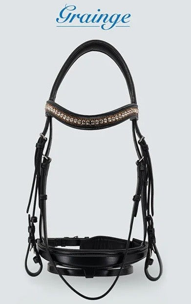 Bridle Dressage Snaffle Crystal Brow Leather Grainge Black Full