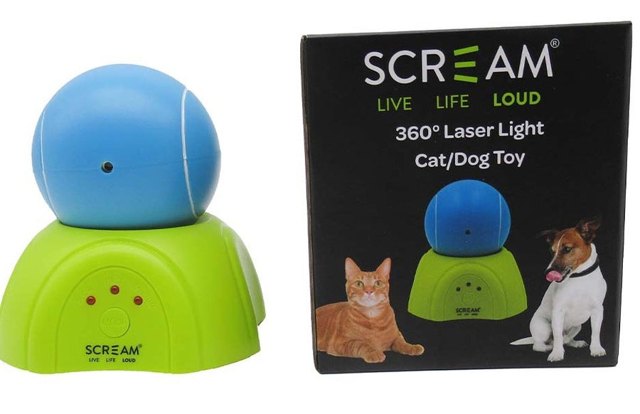Cat Toy Scream 360 Laser Light Ball & Stand 9cm Green & Blue