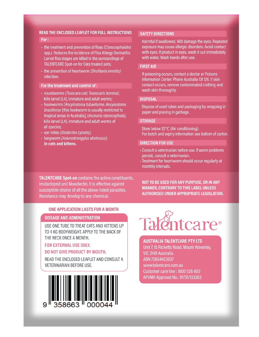 Talentcare Spot On Cat & Kitten Under 4kg 6 Pack