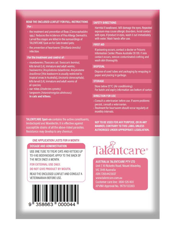 Talentcare Spot On Cat & Kitten Under 4kg 6 Pack