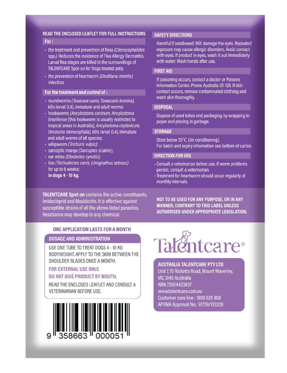 Talentcare Spot On Dog 4kg-10kg 6 Pack