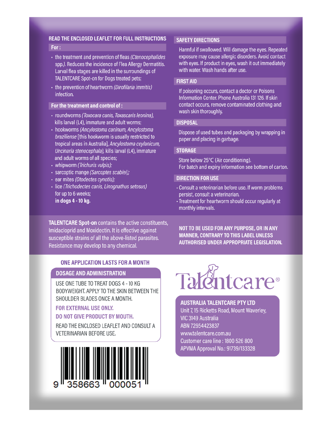 Talentcare Spot On Dog 4kg-10kg 6 Pack