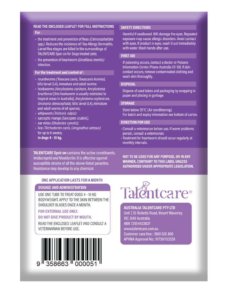 Talentcare Spot On Dog 4kg-10kg 6 Pack