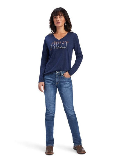 Tee Shirt Ariat Real Chest Logo Relaxed Long Sleeve W23 Navy Heather Ladies-Ariat-Ascot Saddlery