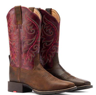 Western Boots Ariat Round Up Back Zip Worn Mocha & Rasberry Ladies-Ascot Saddlery-Ascot Saddlery