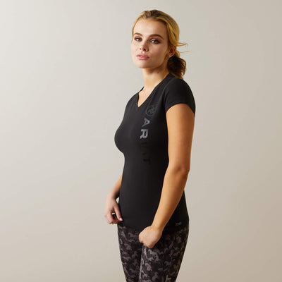 Tee Shirt Ariat Vertical Logo Short Sleeve S23 Black Ladies-Ascot Saddlery-Ascot Saddlery