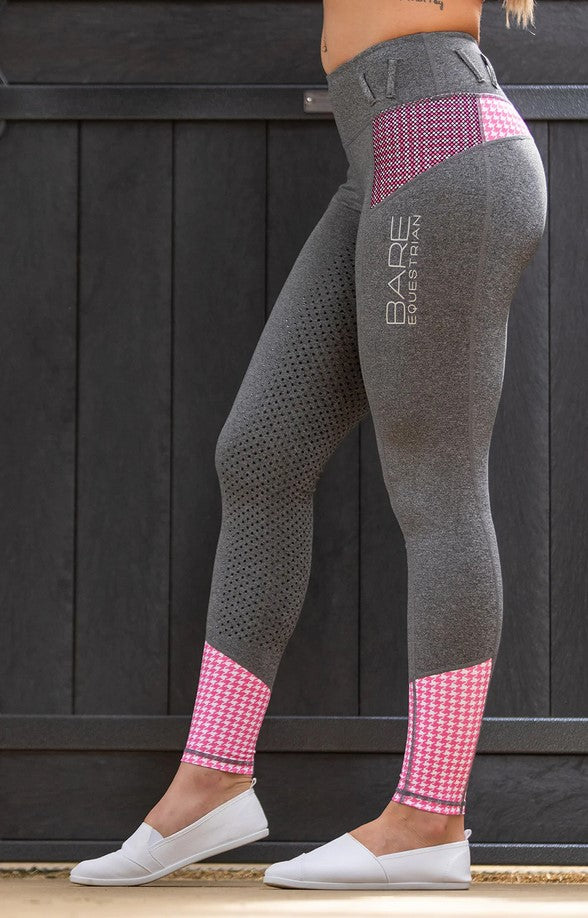 Tights Bare Equestrian Performance Riding Youth Grey & Pink Houndstooth