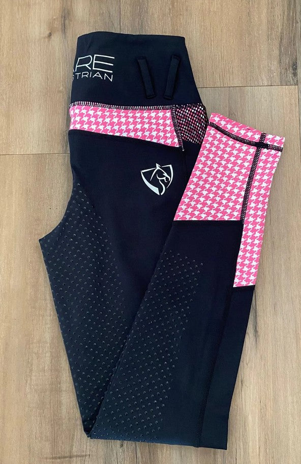 Tights Bare Equestrian Performance Riding Youth Grey & Pink Houndstooth