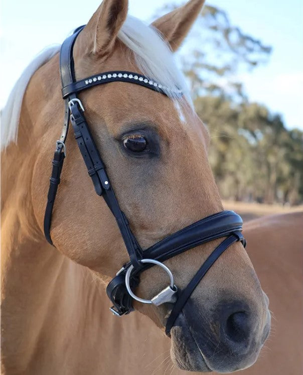 Bridle Dressage Snaffle Leather Curved Crystal Brow Grainge Black [:pony]