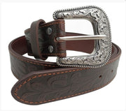 Belt Pilbara Western Dress Buckle Tooled Leather Dark Brown [:82cm]