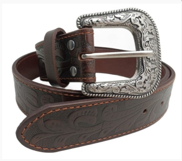Belt Pilbara Western Dress Buckle Tooled Leather Dark Brown [:82cm]