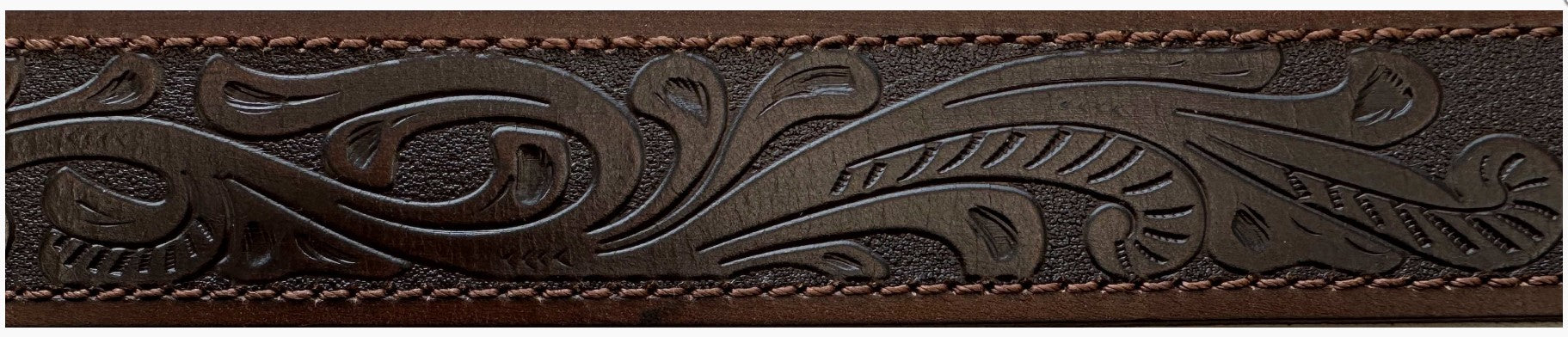 Belt Pilbara Western Dress Buckle Tooled Leather Dark Brown [:82cm]