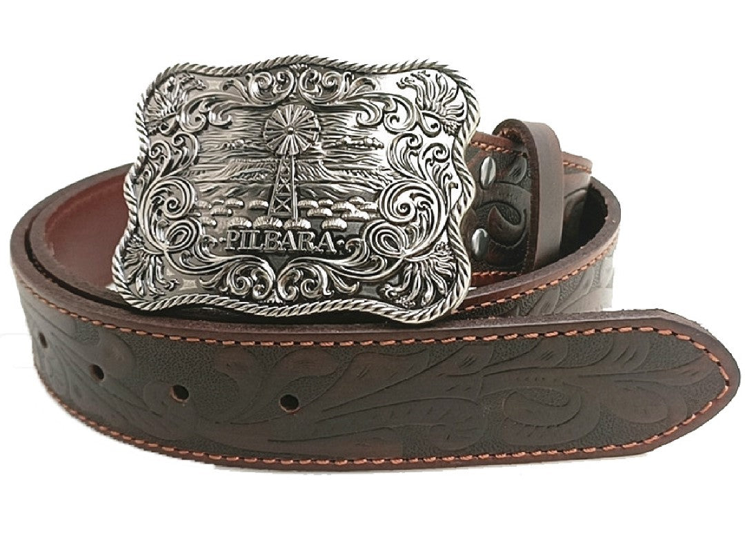 Belt Pilbara Western Rodeo Buckle Tooled Leather Dark Brown [:82cm]