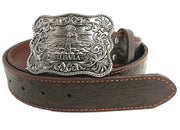 Belt Pilbara Western Rodeo Buckle Tooled Leather Dark Brown [:82cm]