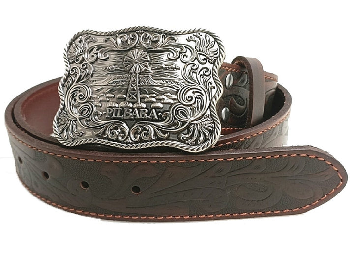 Belt Pilbara Western Rodeo Buckle Tooled Leather Dark Brown [:82cm]