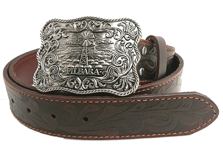 Belt Pilbara Western Rodeo Buckle Tooled Leather Dark Brown [:82cm]
