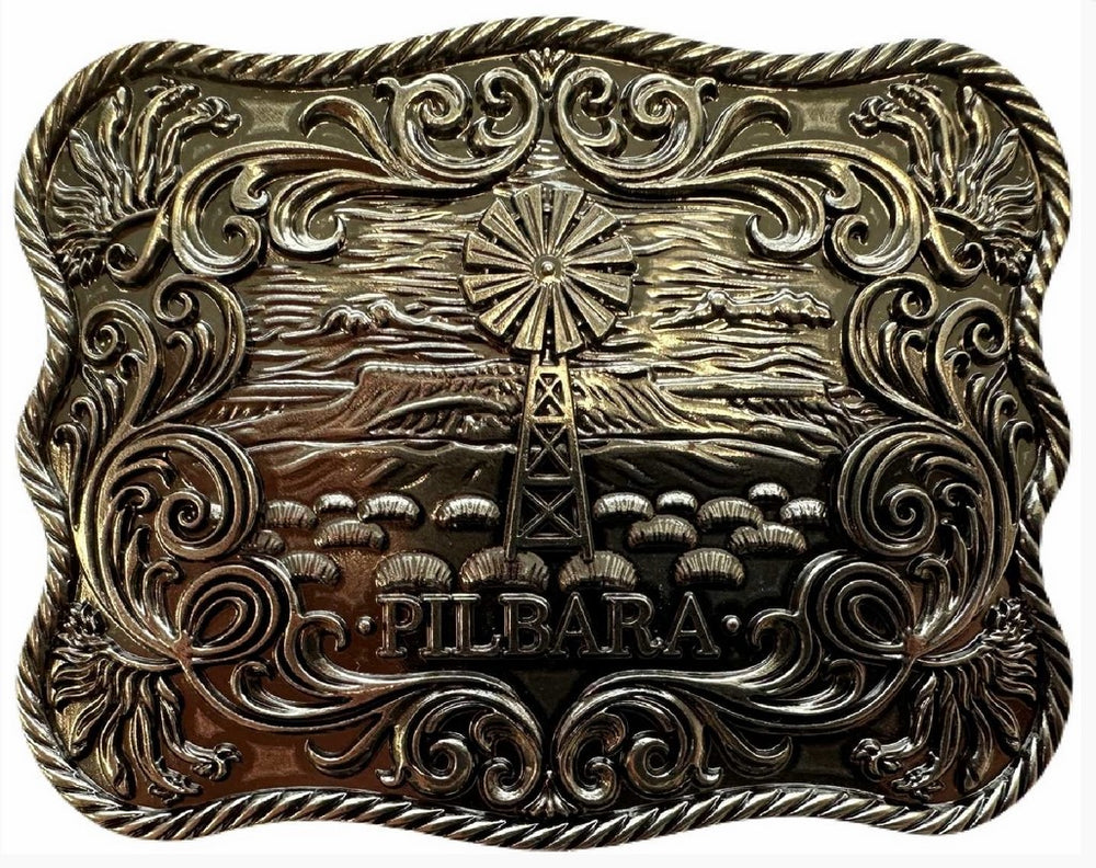 Belt Pilbara Western Rodeo Buckle Tooled Leather Dark Brown [:82cm]