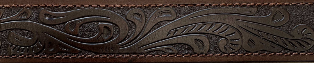 Belt Pilbara Western Rodeo Buckle Tooled Leather Dark Brown [:82cm]
