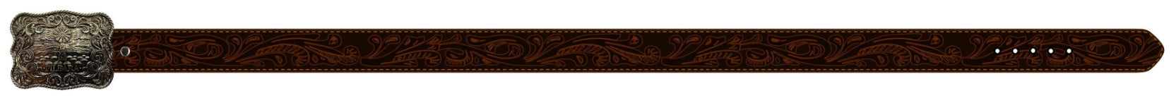 Belt Pilbara Western Rodeo Buckle Tooled Leather Dark Brown [:82cm]