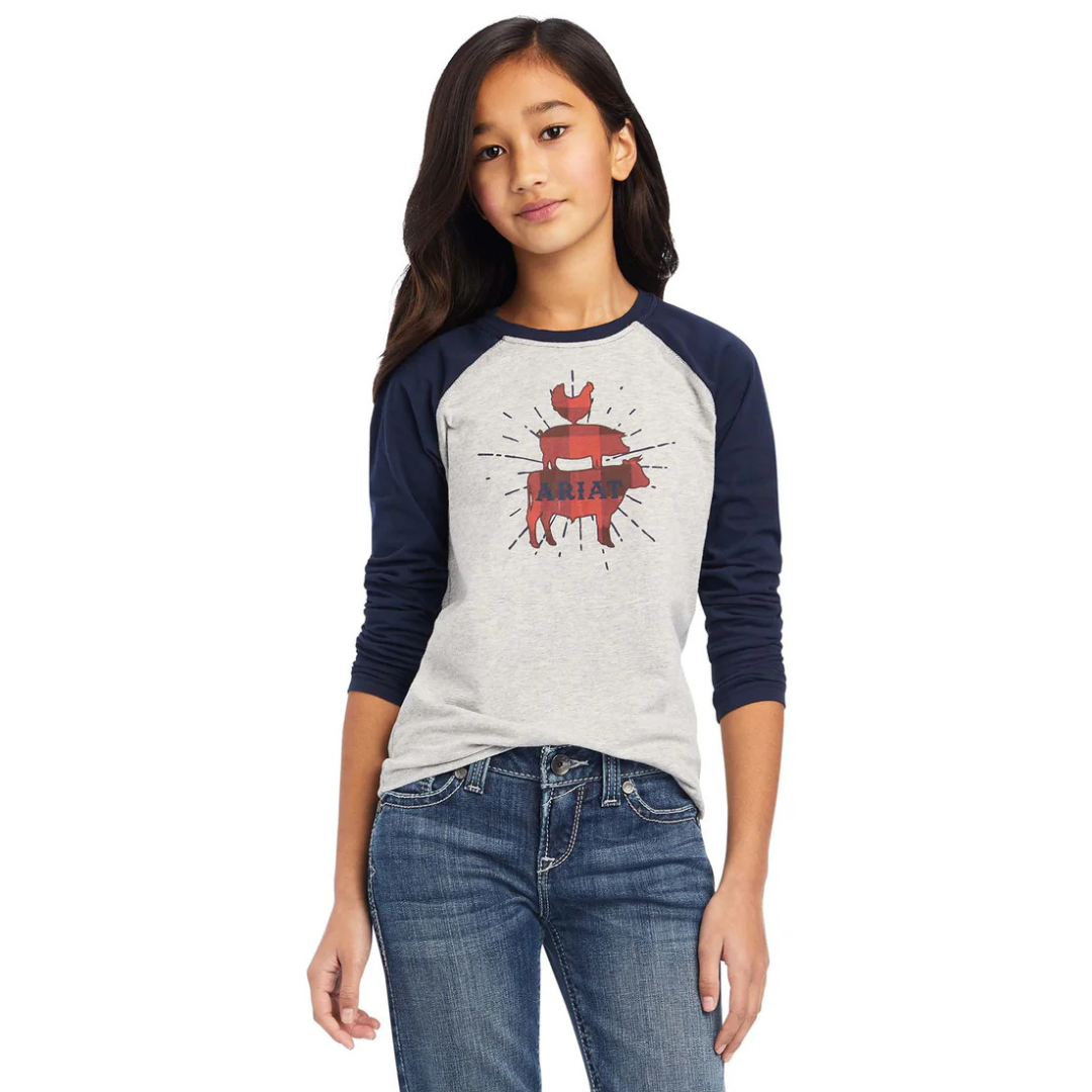 Tee Shirt Ariat Farm Animal Heather Grey/navy Ls Girls [:l]