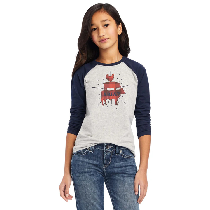 Tee Shirt Ariat Farm Animal Heather Grey/navy Ls Girls [:l]