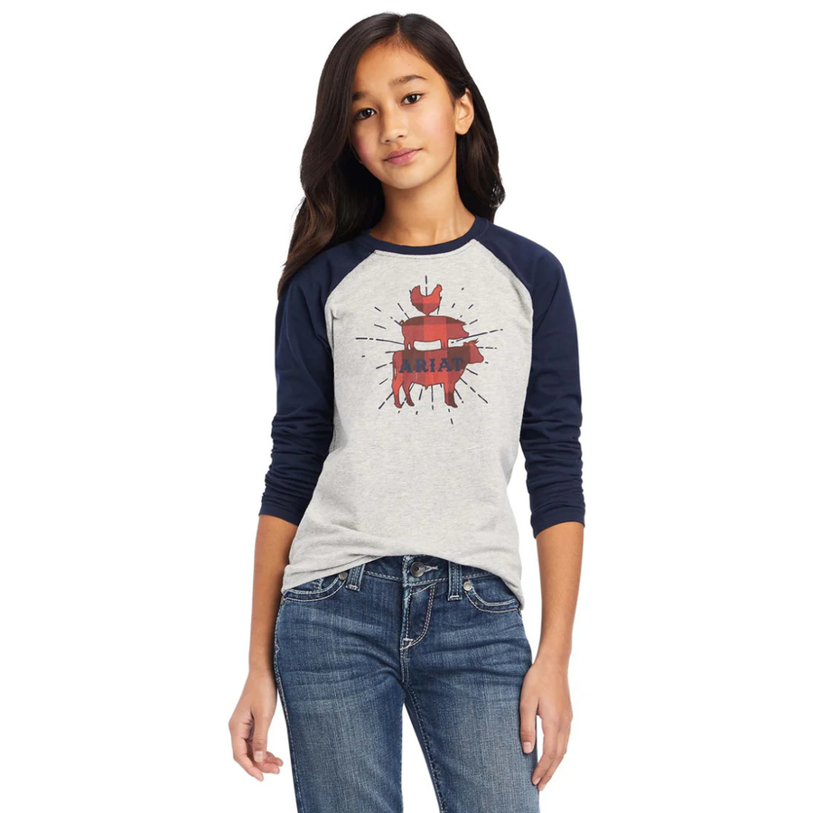 Tee Shirt Ariat Farm Animal Heather Grey/navy Ls Girls [:l]