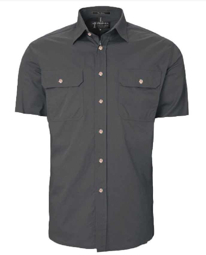 Shirt Pilbara Open Front Short Sleeve Charcoal Mens [:small]