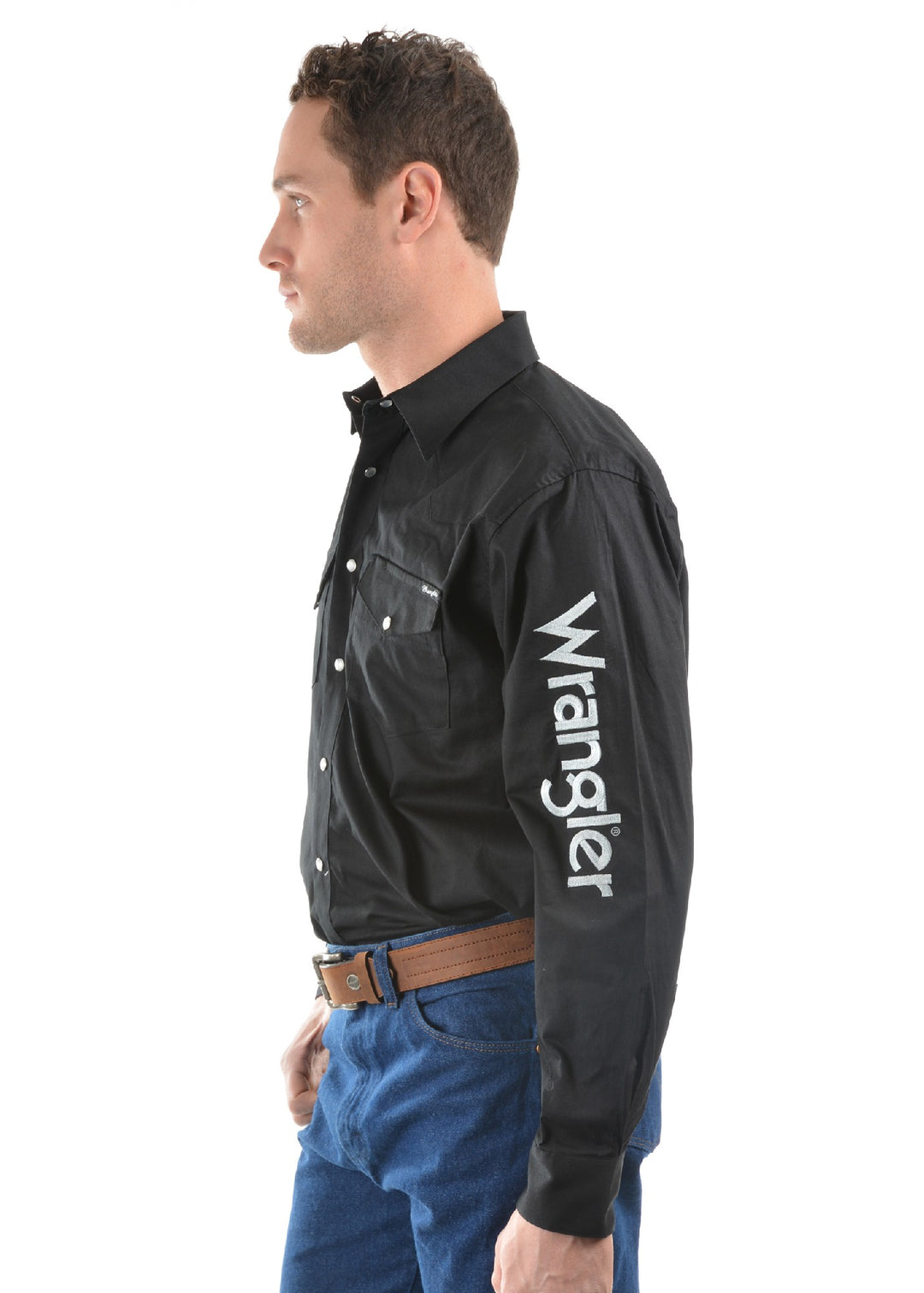 Shirt Wrangler Drill Logo Rodeo Long Sleeve Black Mens [:medium]